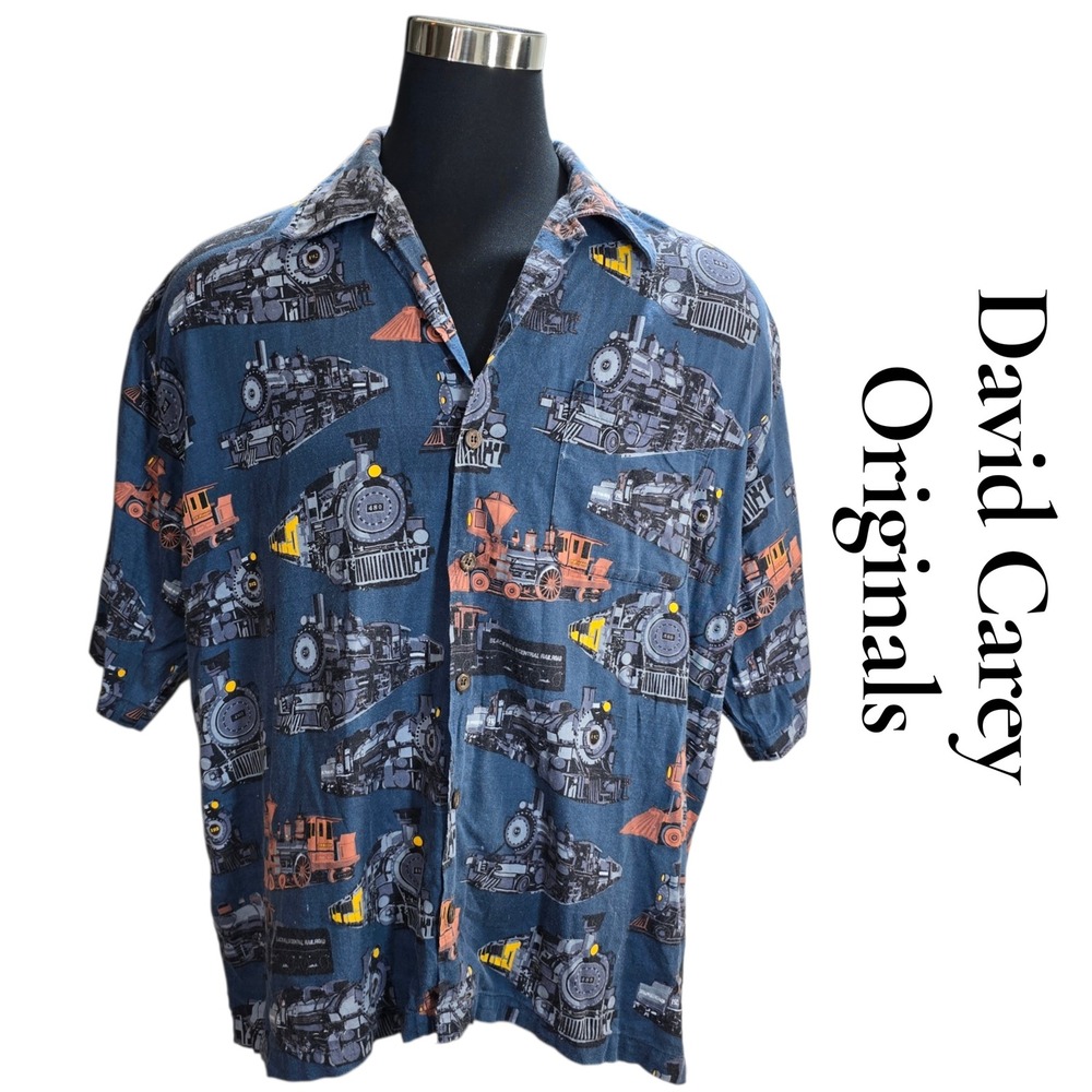 David Carey Originals Shirt Mens 2XL Blue Cotton Rayon Steam Engine Train Print